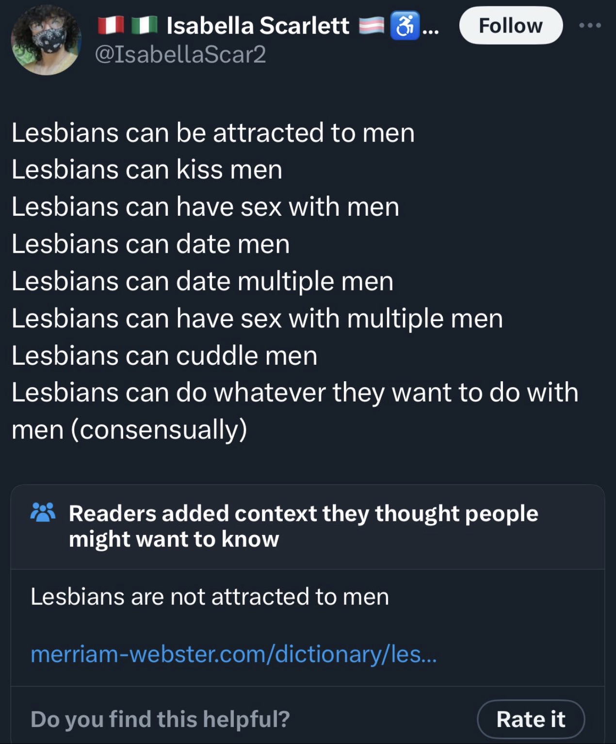 screenshot - Isabella Scarlett Lesbians can be attracted to men Lesbians can kiss men Lesbians can have sex with men Lesbians can date men Lesbians can date multiple men Lesbians can have sex with multiple men Lesbians can cuddle men Lesbians can do whate